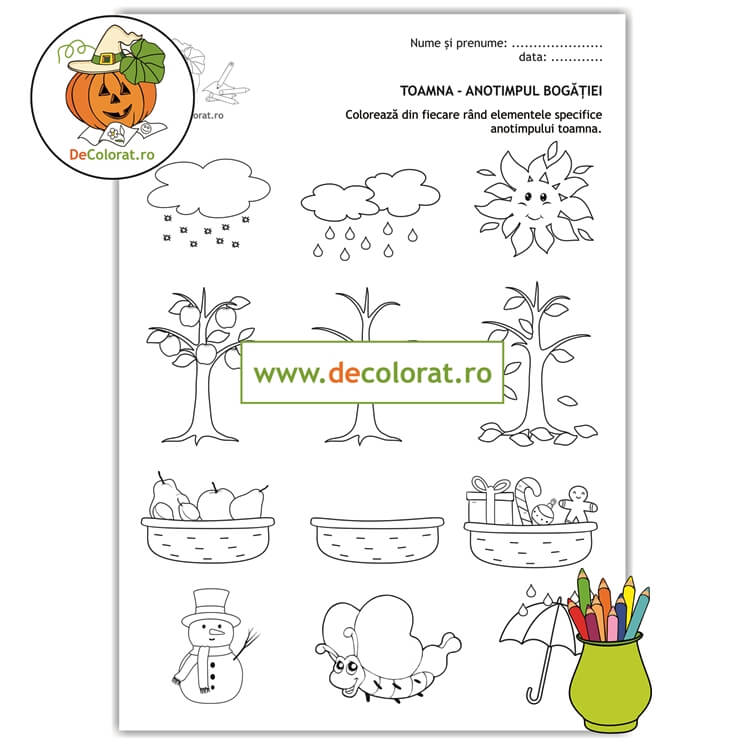 Toamna – Anotimpul bogăției – fișă de colorat cu imagini de toamnă