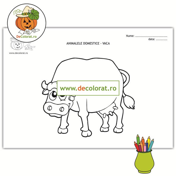 Vaca – planșă de colorat  – animalele domestice