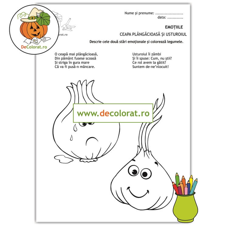 Identificarea emoțiilor – planșă de colorat cu versuri – ceapa plângăcioasă și usturoiul