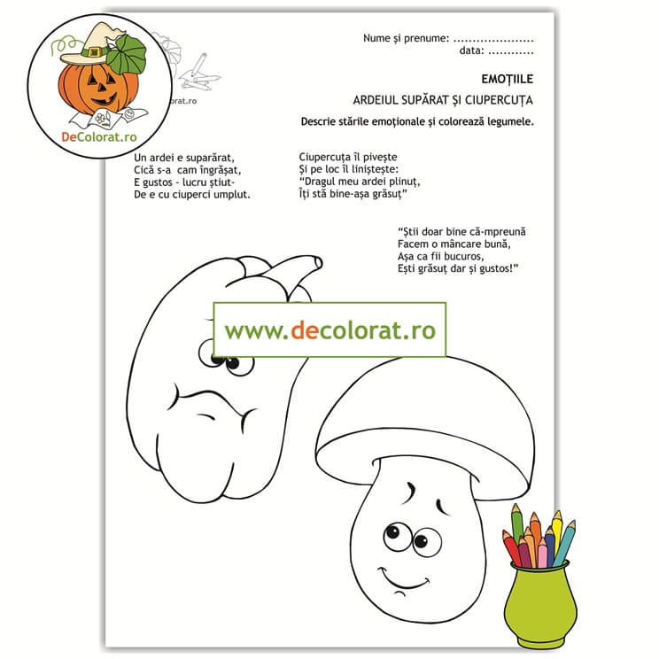 Identificarea emoțiilor – planșă de colorat cu versuri – ardeiul supărat și ciupercuța