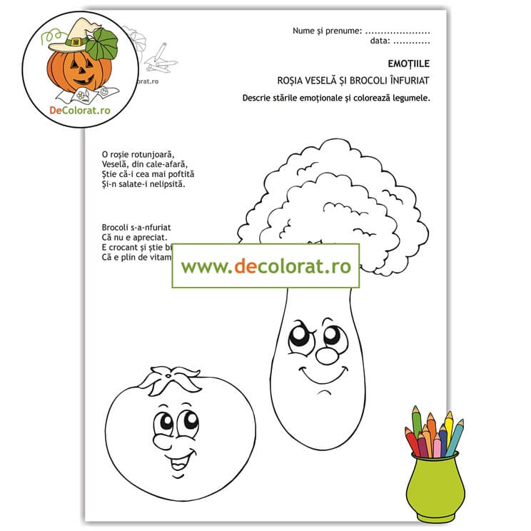 Identificarea emoțiilor – planșă de colorat cu versuri – roșia veselă și brocoli înfuriat
