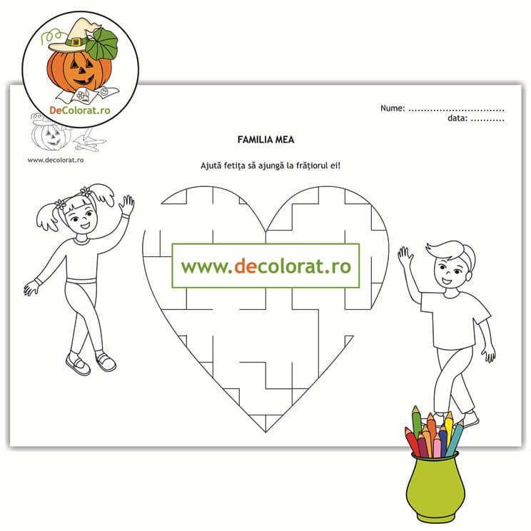 Familia mea (sora mea, fratele meu) – fișă cu inimioară labirint
