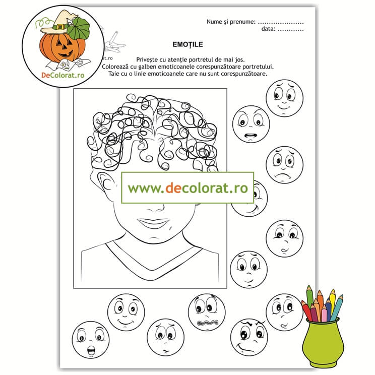 Fișă de lucru identificare sentimente cu emoticoane și portret