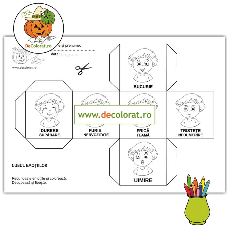 Fișă de tăiere cu foarfeca – cubul emoțiilor – băiat
