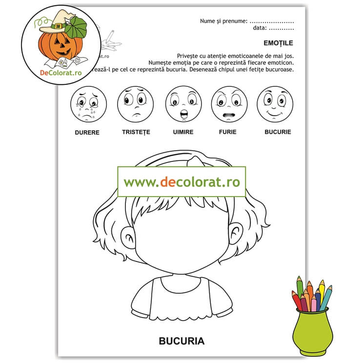 Fișă de lucru cu recunoașterea emoțiilor – chip de fată
