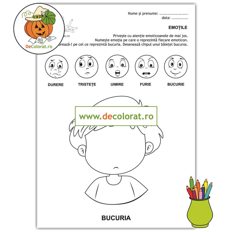 Fișă de lucru cu recunoașterea emoțiilor – chip de băiat