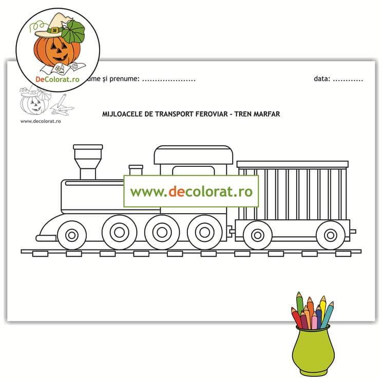 Mijloace de transport terestru – feroviar – Tren marfar- planșă de colorat