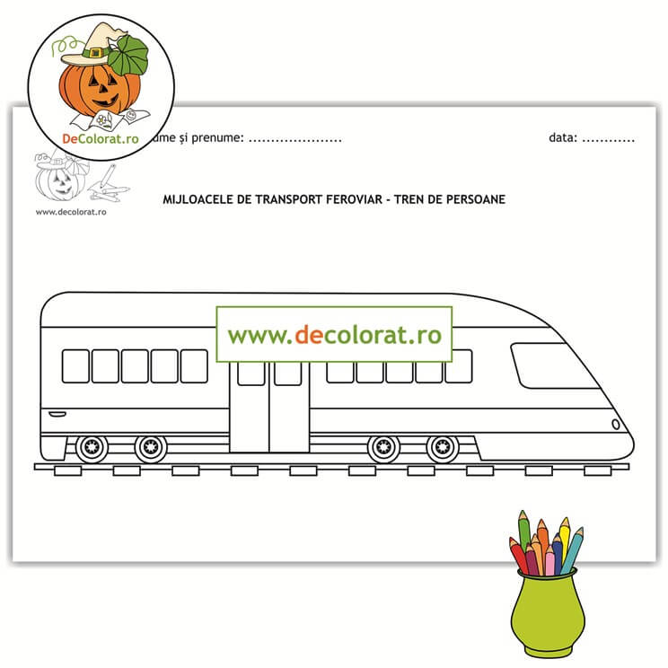 Mijloace de transport terestru – feroviar – Tren de persoane- planșă de colorat