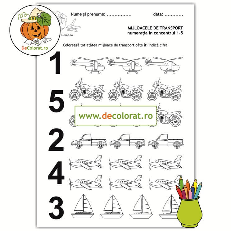 Mijloacele de transport – fișă de lucru – numerația în limitele 1-5