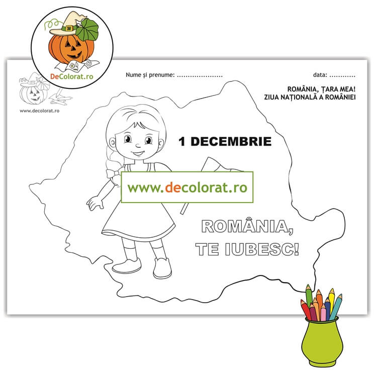 Fișă de lucru cu româncuță și harta țării – 1 Decembrie – Ziua Națională a României