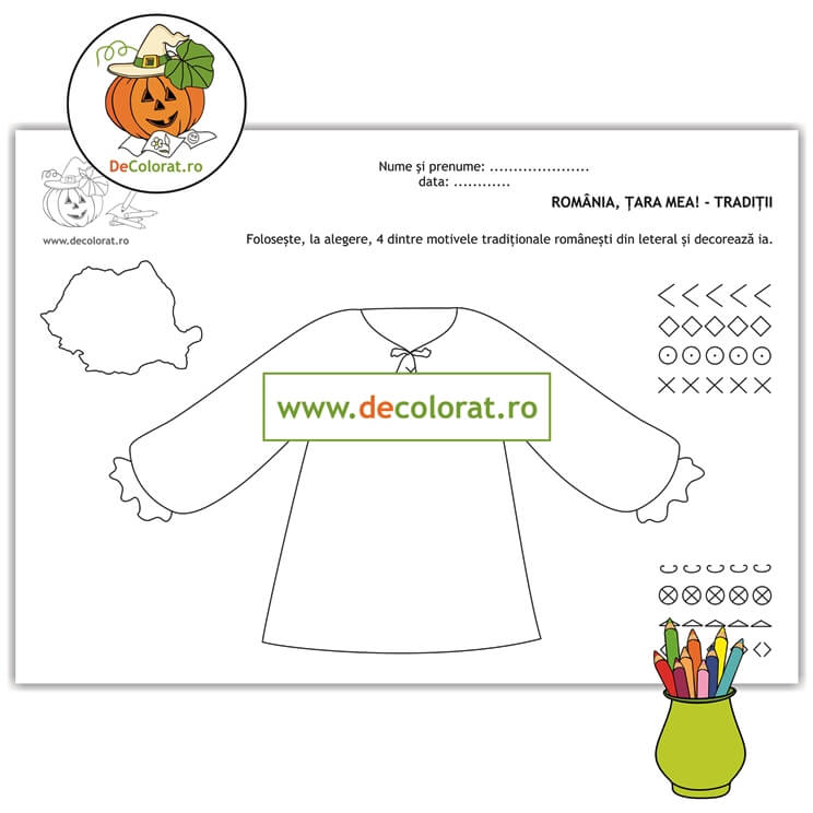 România, țara mea! – fișă de lucru cu exerciții grafice – ia, motive tradiționale românești