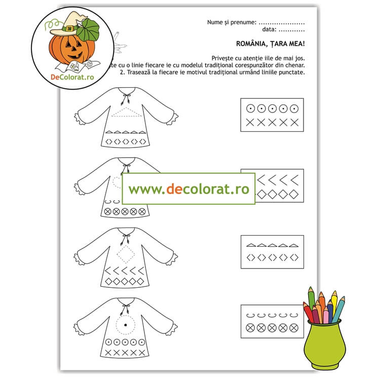 Ia – fișă de lucru cu motive tradiționale românești – exerciții grafice