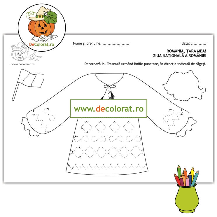 Ie cu motive tradiționale românești – fișa de lucru cu exerciții grafice