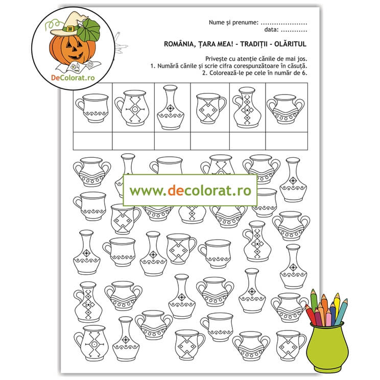 România, țara mea – olăritul – fișă de lucru numerația 1-10 cu vase de lut