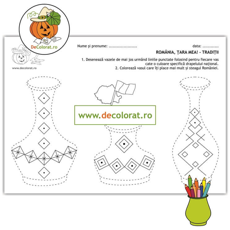 Tradiții în Romania  – olăritul – fișă de trasare dupa contur cu vase de lut