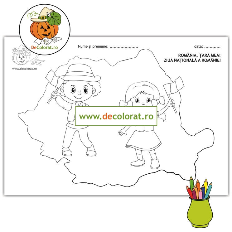 Fișă de lucru cu românași și harta țării – 1 Decembrie – Ziua Națională a României