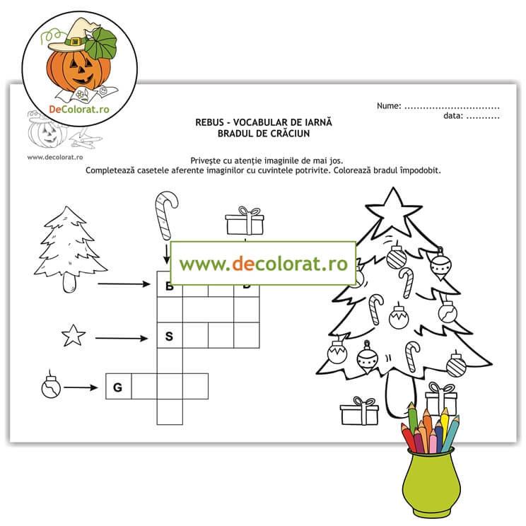 Bradul de crăciun – fișă de lucru cu rebus – vocabular de iarnă
