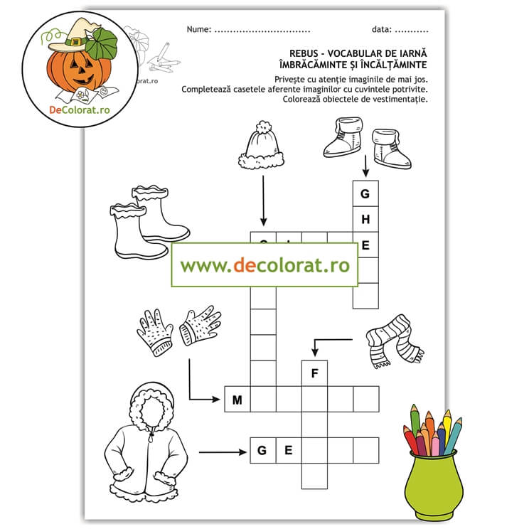 Fișă de lucru cu rebus – vestimentație de iarnă – vocabular