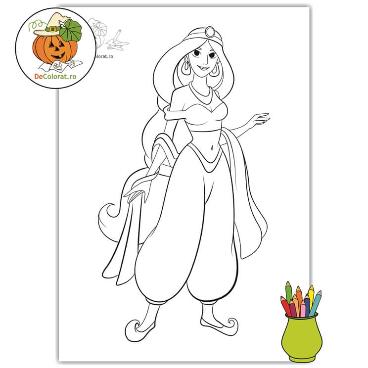 Planșă de colorat cu Jasmine – Aladin și lampa fermecată