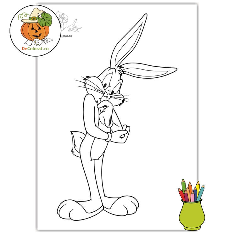 Planșă de colorat cu Bugs Bunny – iepurele gânditor