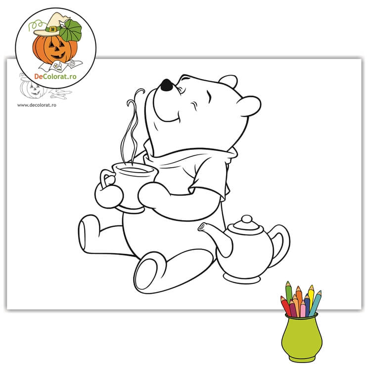 Planșă de colorat cu Winnie the Pooh cu ceașca de ceai