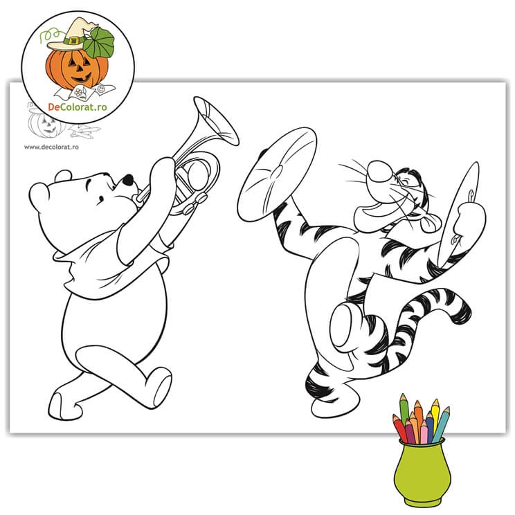 Planșă de colorat cu Tigger și Winnie cu trompeta