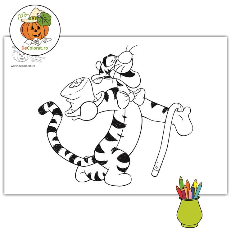 Planșă de colorat cu Tigger cu joben și baston
