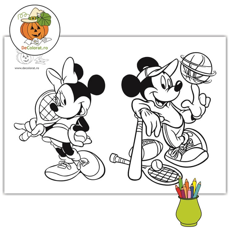 Planșă de colorat cu Mickey Mouse și Minnie – sportivi
