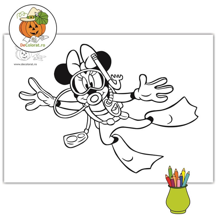 Planșă de colorat cu Minnie – scafandru
