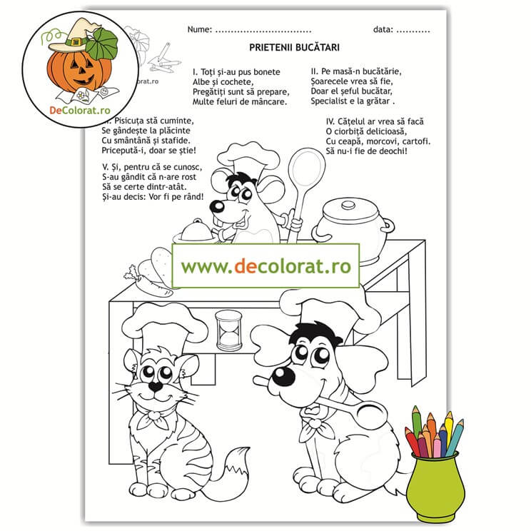 Prietenii bucătari – planșă de colorat cu poezie