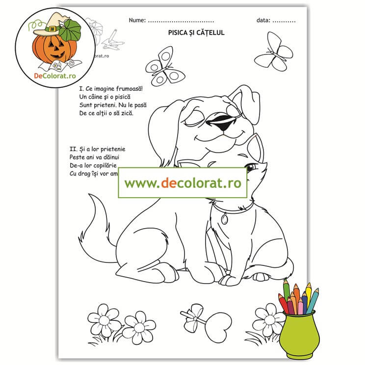 Cățelul și pisica – planșă de colorat cu poezie