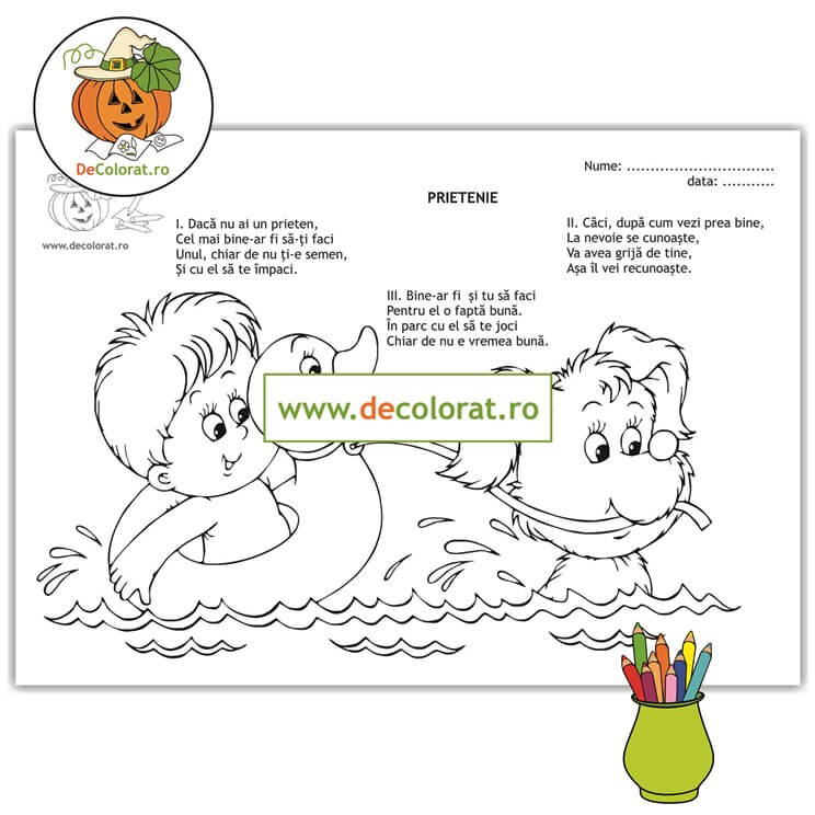 Prietenie – planșă de colorat cu poezie