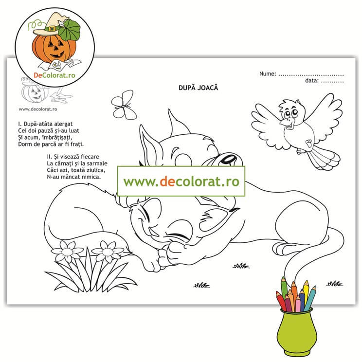 După joacă – planșă de colorat cu poezie