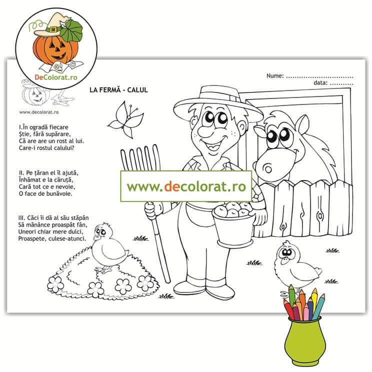 La fermă – calul  – planșă de colorat cu poezie