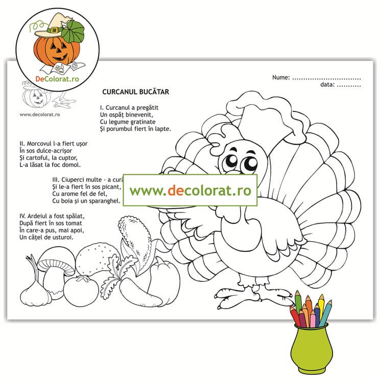 Curcanul bucătar – planșă de colorat cu poezie
