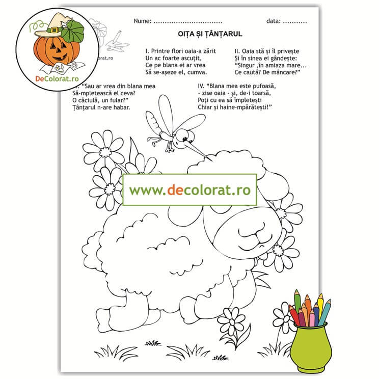 Oaia și tânțarul – planșă de colorat cu poezie