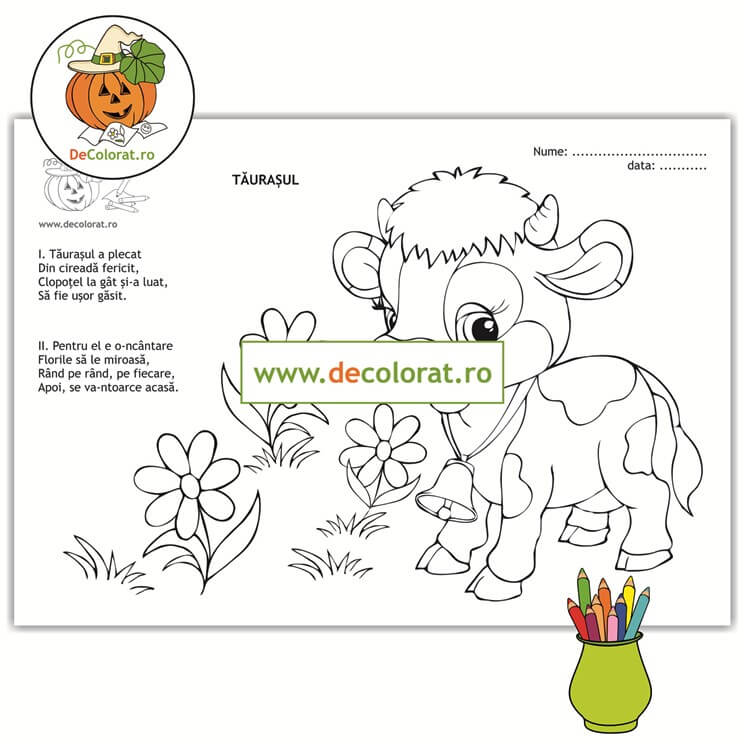 Tăurașul – planșă de colorat cu poezie