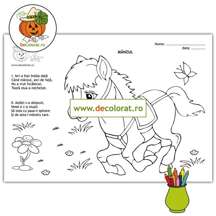Mânzul – planșă de colorat cu poezie