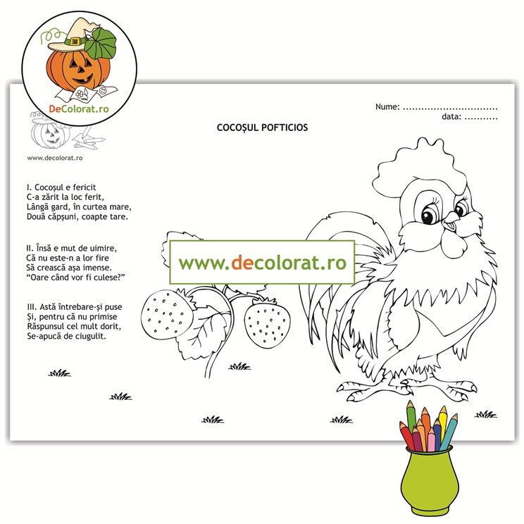 Cocoșul pofticios – planșă de colorat cu poezie