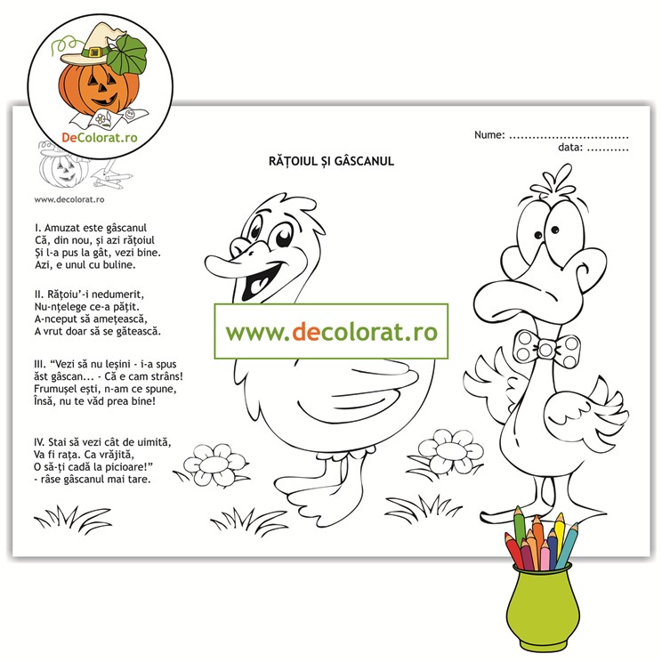 Rățoiul și gâscanul – planșă de colorat cu poezie