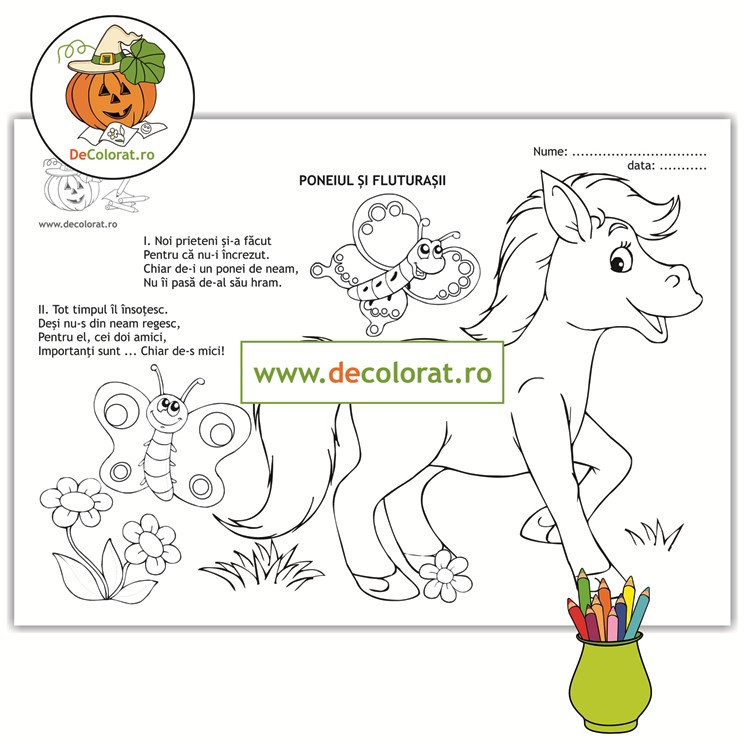 Poneiul și fluturașii – planșă de colorat cu poezie