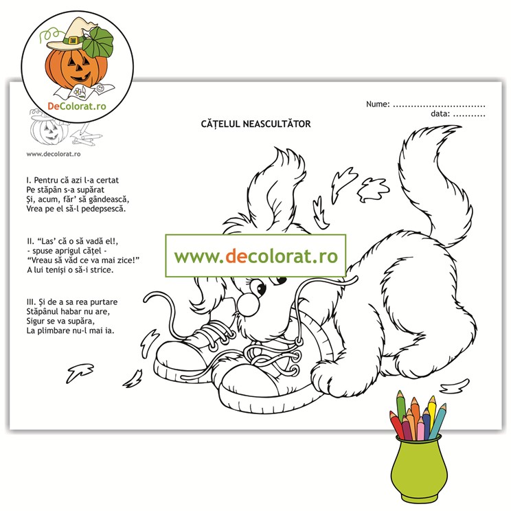 Cățelul neascultător – planșă de colorat cu poezie