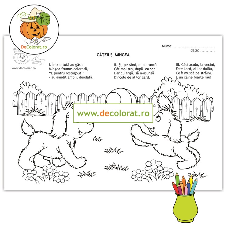 Cățeii și mingea – planșă de colorat cu poezie