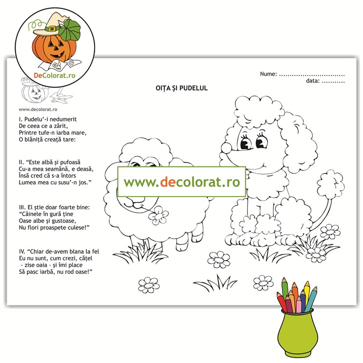 Oaia și pudelul – planșă de colorat cu poezie