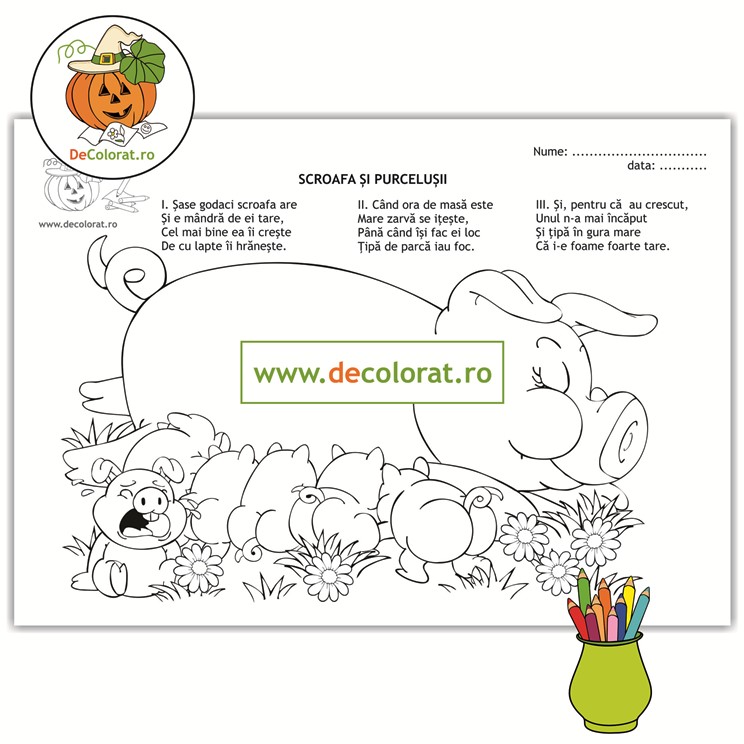 Scroafa și purcelușii – planșă de colorat cu poezie