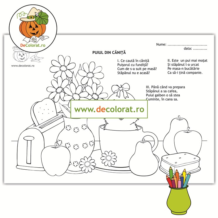 Puiul din căniță – planșă de colorat cu poezie