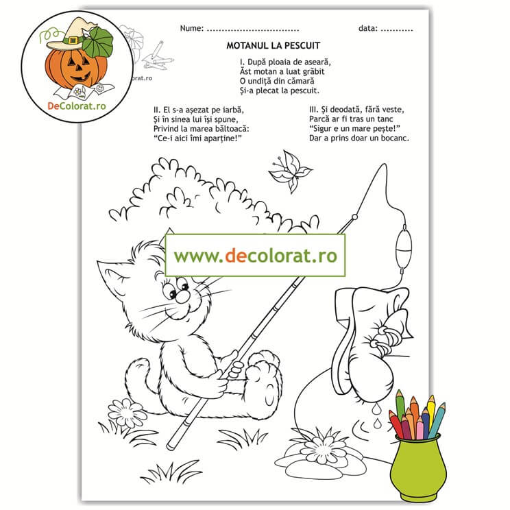 Motanul la pescuit – planșă de colorat cu poezie
