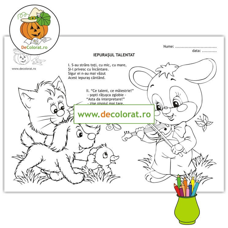 Iepurașul talentat – planșă de colorat cu poezie