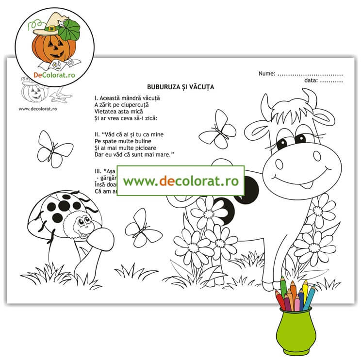 Buburuza și văcuța – planșă de colorat cu poezie