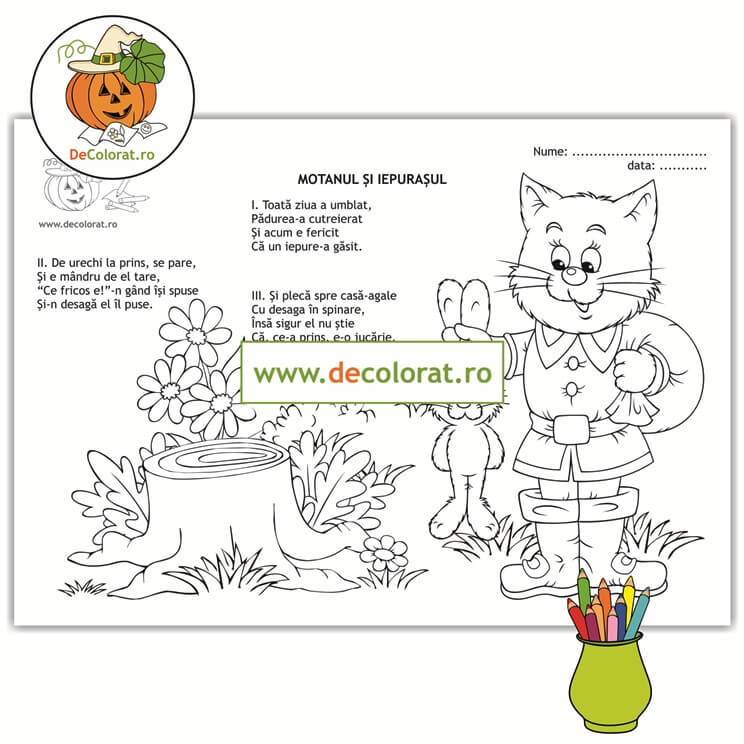 Motanul și iepurașul – planșă de colorat cu poezie